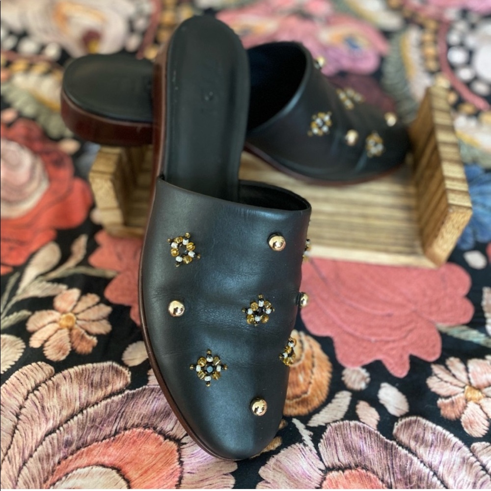 Tibi Kirsi embroidered black leather mules with beaded jewel accents